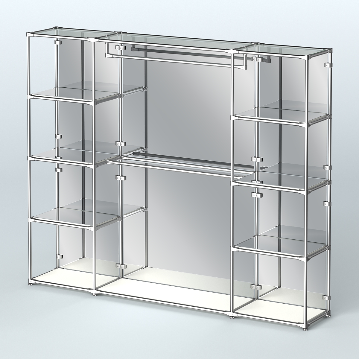 Торговая система ХРОМ (задняя стенка - зеркало) 3600 мм с зеркальными полками и поручнями №3 Белый