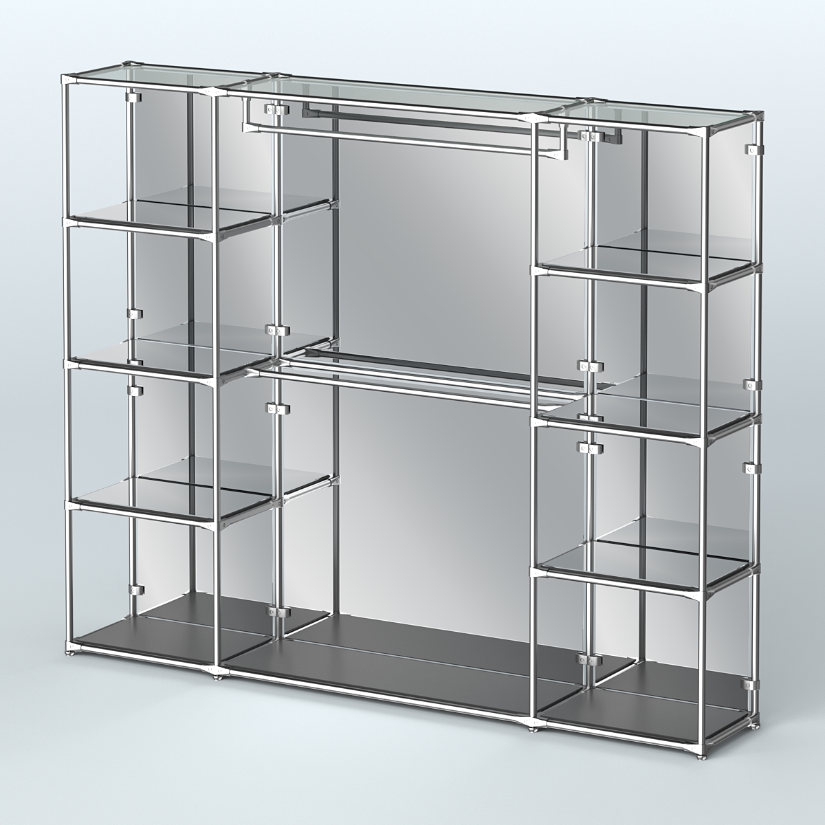 Торговая система ХРОМ (задняя стенка - зеркало) 3600 мм с зеркальными полками и поручнями №3 Черный