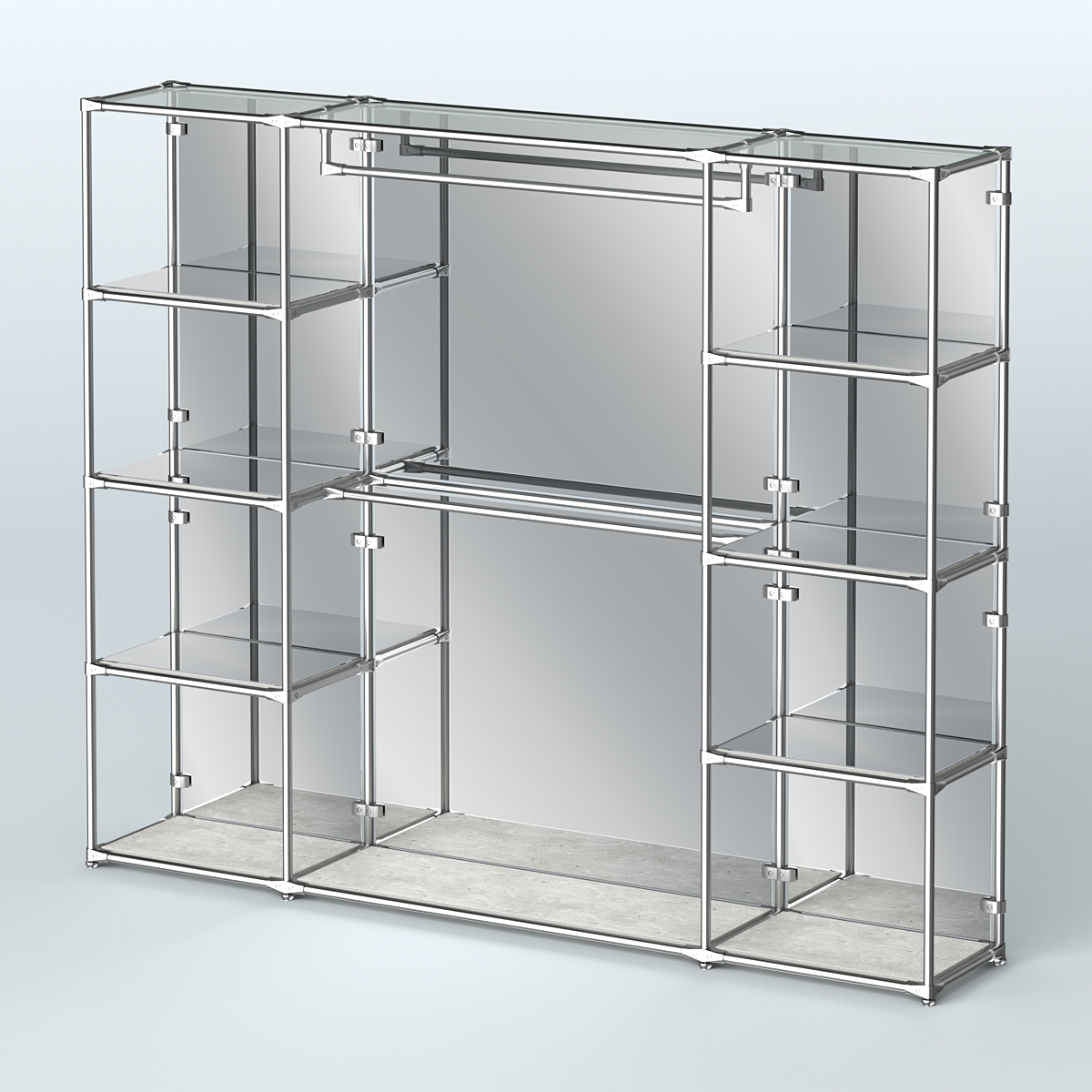 Торговая система ХРОМ (задняя стенка - зеркало) 3600 мм с зеркальными полками и поручнями №3 Метрополитан Грей