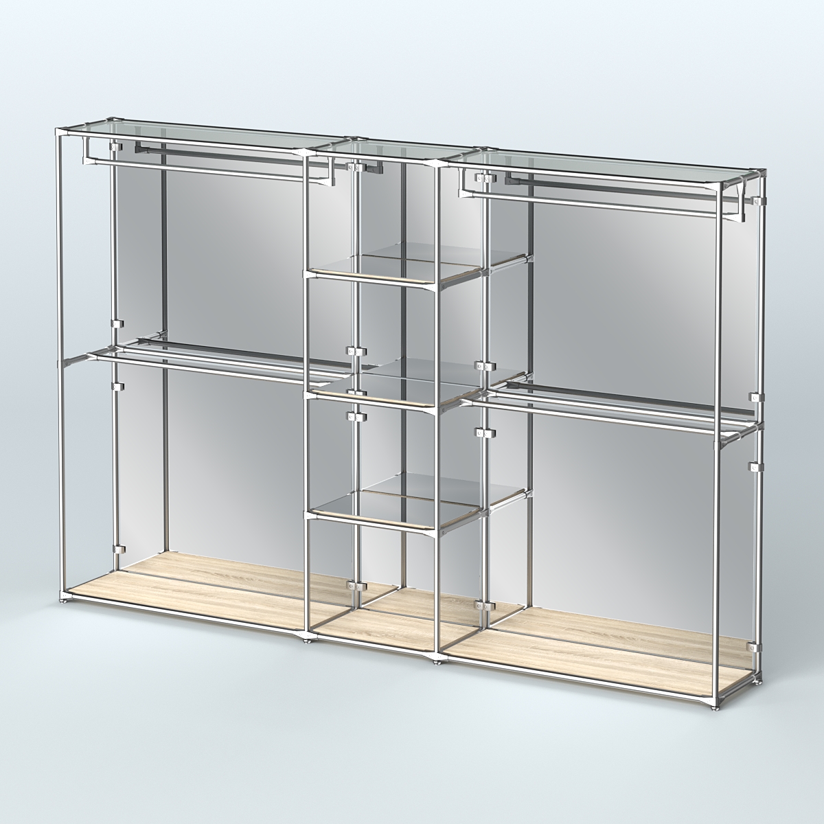 Торговая система ХРОМ (задняя стенка - зеркало) 3600 мм с зеркальными полками и поручнями №4 Дуб Сонома