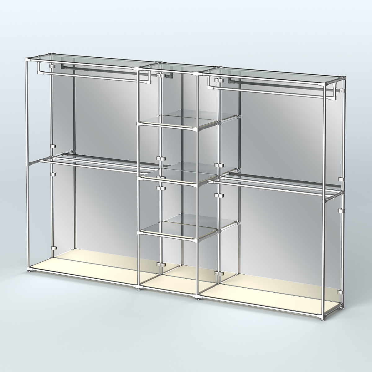 Торговая система ХРОМ (задняя стенка - зеркало) 3600 мм с зеркальными полками и поручнями №4 Крем Вайс