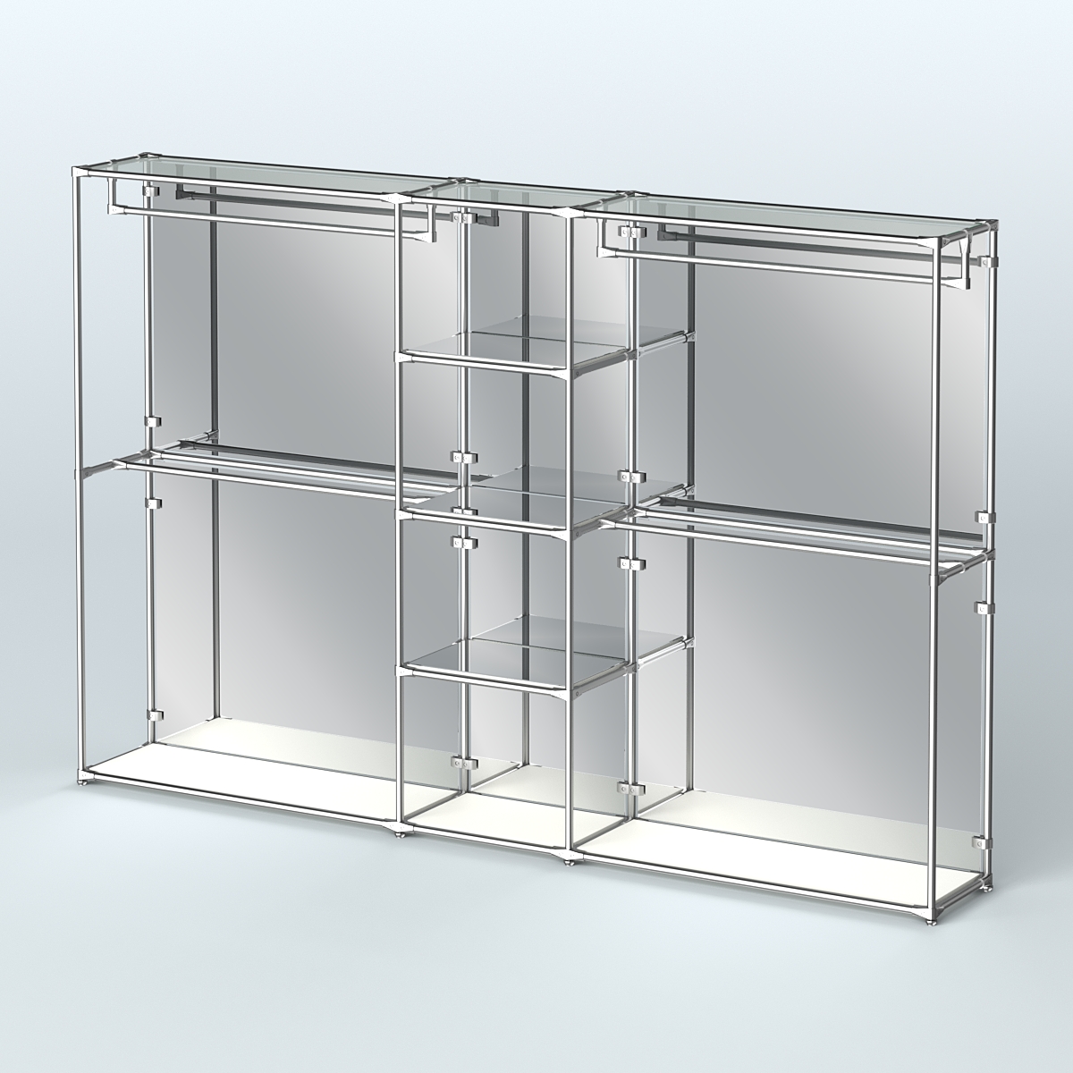 Торговая система ХРОМ (задняя стенка - зеркало) 3600 мм с зеркальными полками и поручнями №4 Белый