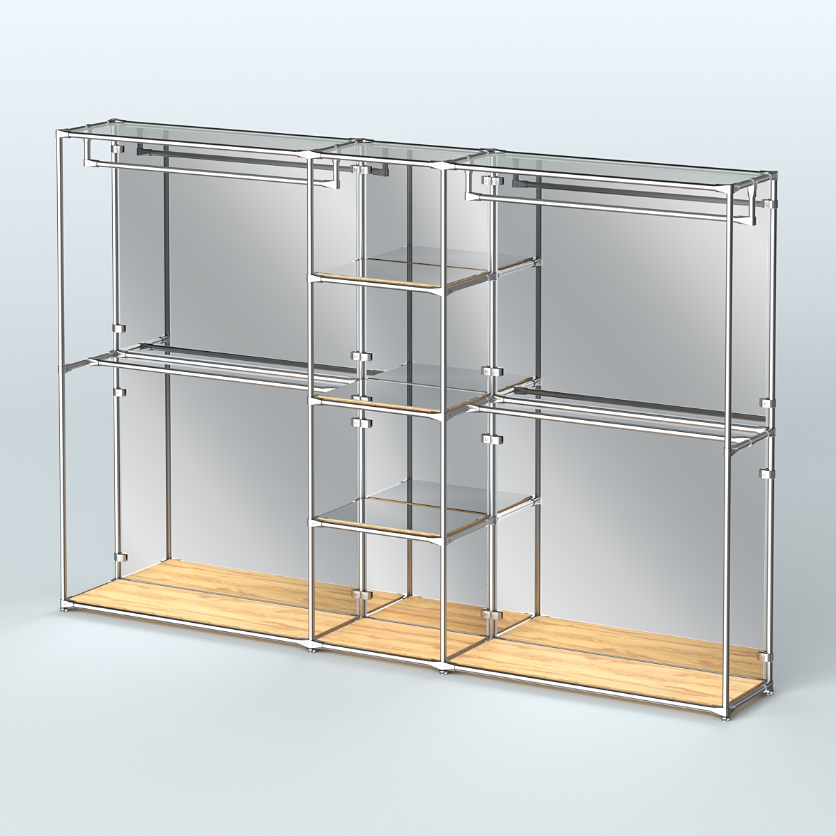 Торговая система ХРОМ (задняя стенка - зеркало) 3600 мм с зеркальными полками и поручнями №4 Дуб Золотистый
