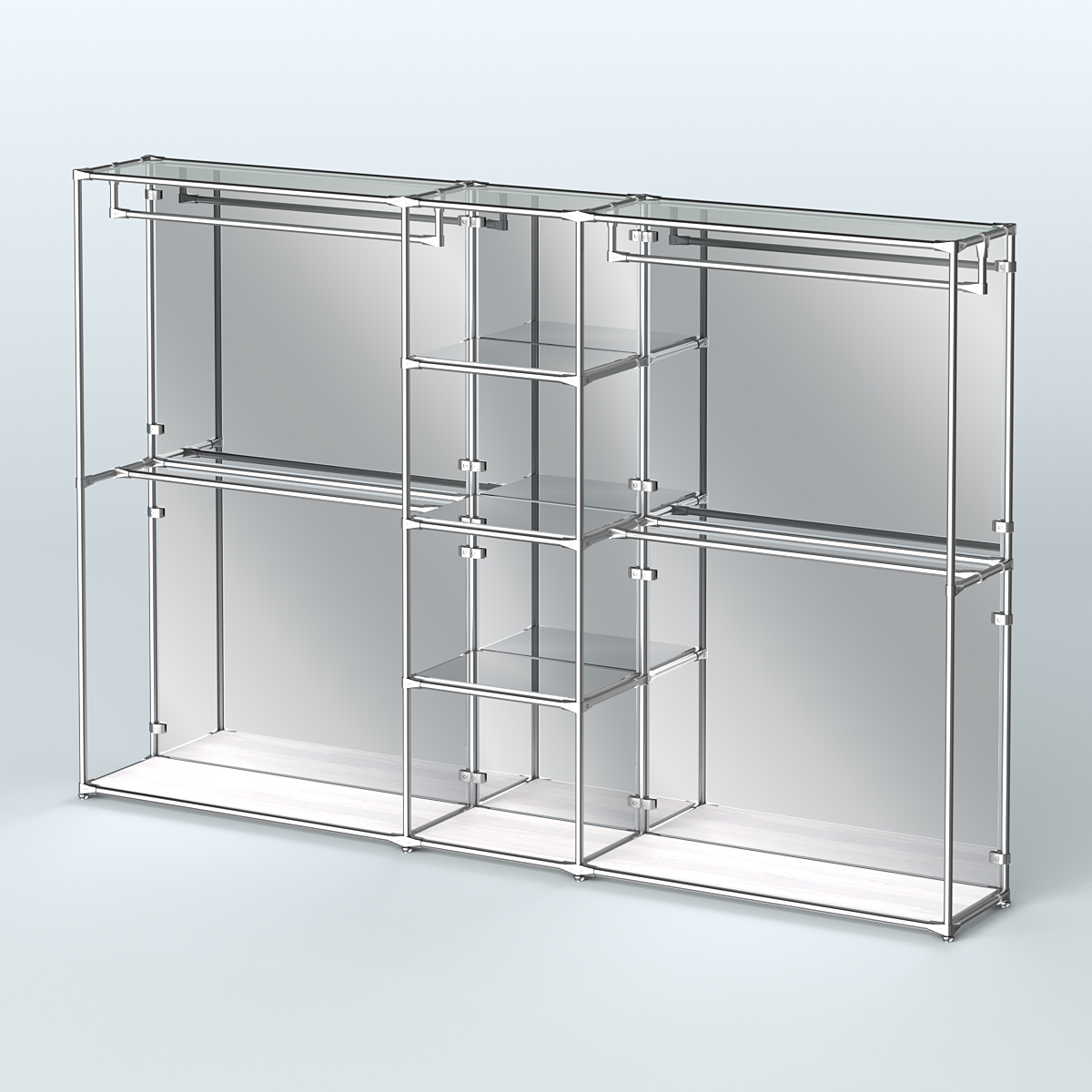 Торговая система ХРОМ (задняя стенка - зеркало) 3600 мм с зеркальными полками и поручнями №4 Ясень Анкор светлый