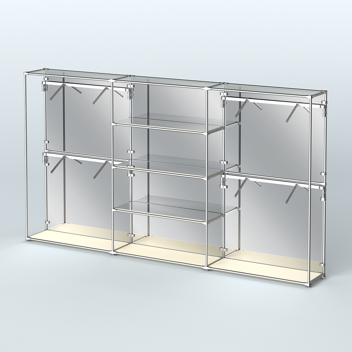 Торговая система ХРОМ (задняя стенка - зеркало) 3600 мм с зеркальными полками и поручнями №5 Крем Вайс