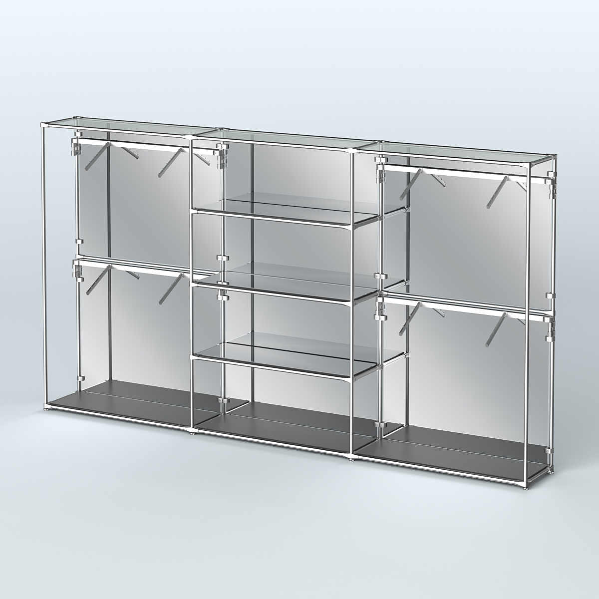 Торговая система ХРОМ (задняя стенка - зеркало) 3600 мм с зеркальными полками и поручнями №5 Черный