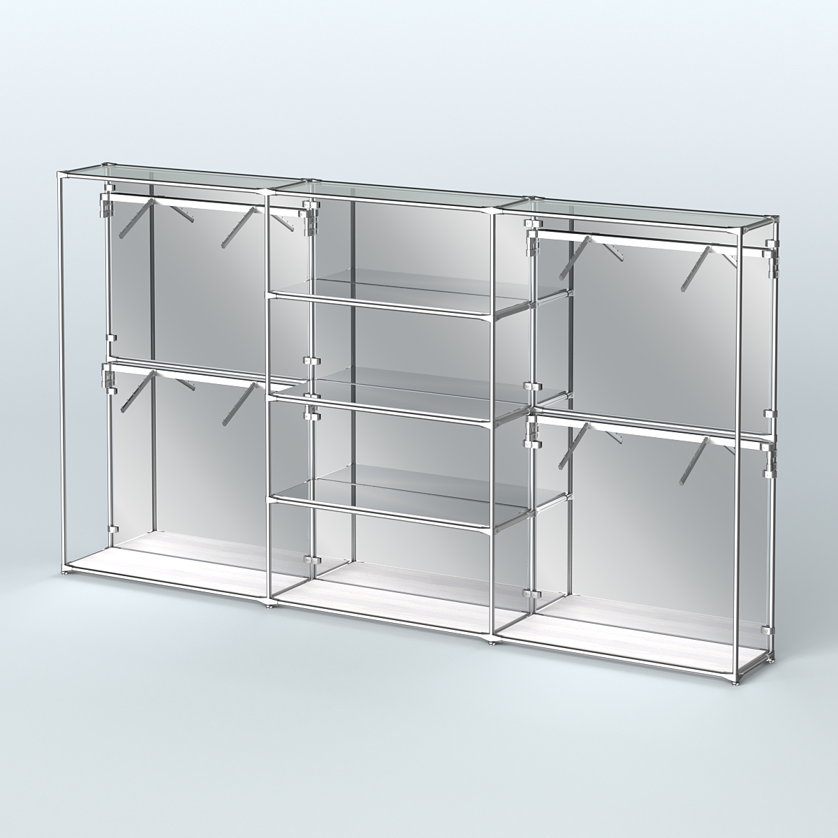 Торговая система ХРОМ (задняя стенка - зеркало) 3600 мм с зеркальными полками и поручнями №5 Ясень Анкор светлый