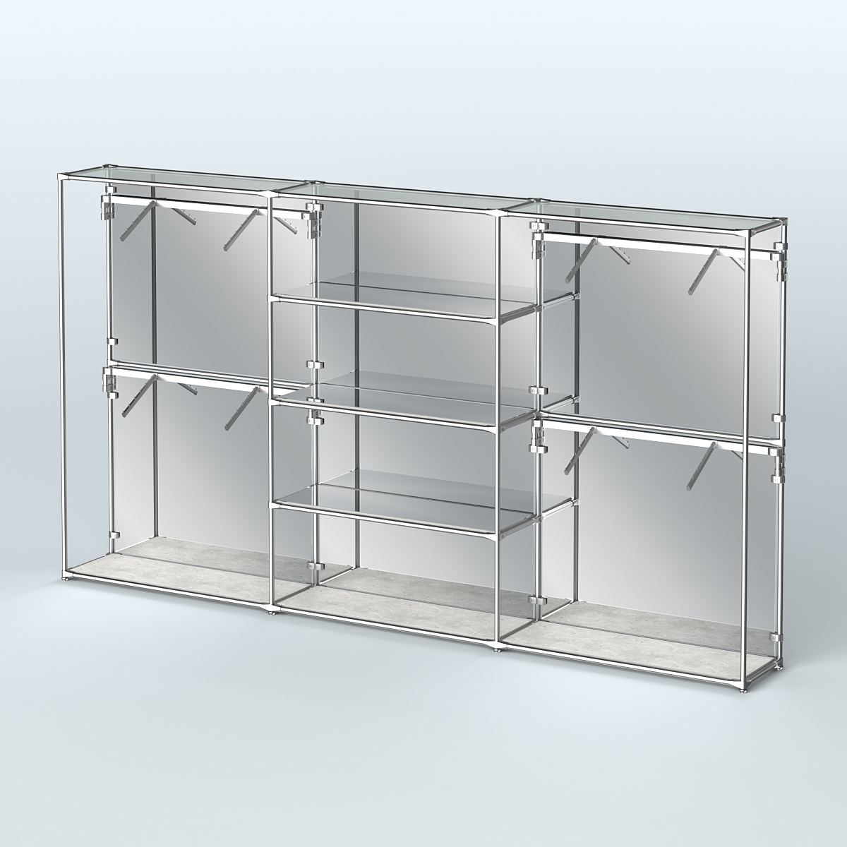 Торговая система ХРОМ (задняя стенка - зеркало) 3600 мм с зеркальными полками и поручнями №5 Метрополитан Грей