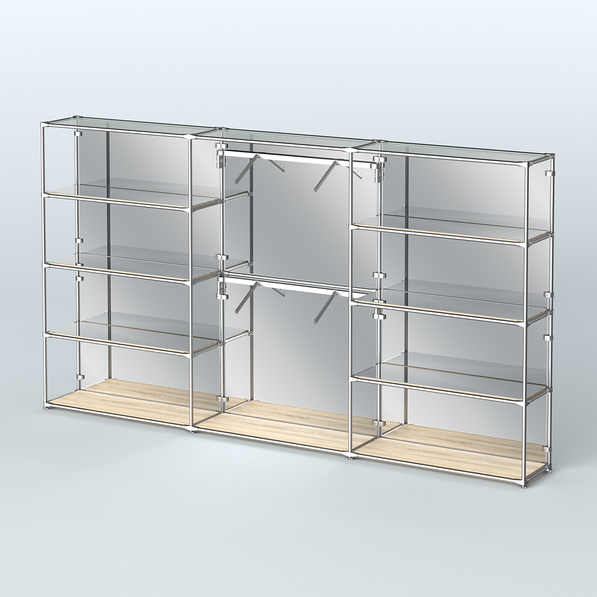 Торговая система ХРОМ (задняя стенка - зеркало) 3600 мм с зеркальными полками и поручнями №6 Дуб Сонома