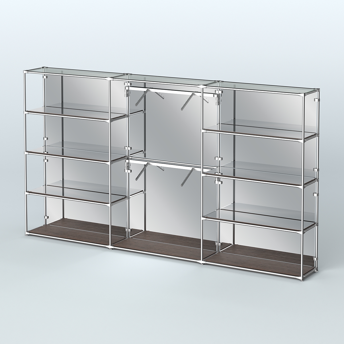 Торговая система ХРОМ (задняя стенка - зеркало) 3600 мм с зеркальными полками и поручнями №6 Дуб Венге