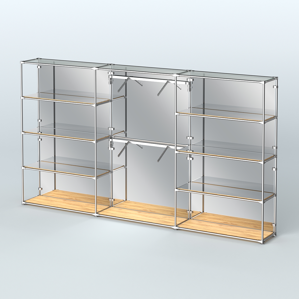 Торговая система ХРОМ (задняя стенка - зеркало) 3600 мм с зеркальными полками и поручнями №6 Дуб Золотистый