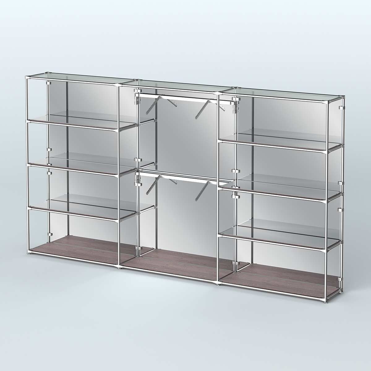 Торговая система ХРОМ (задняя стенка - зеркало) 3600 мм с зеркальными полками и поручнями №6 Ясень Анкор темный