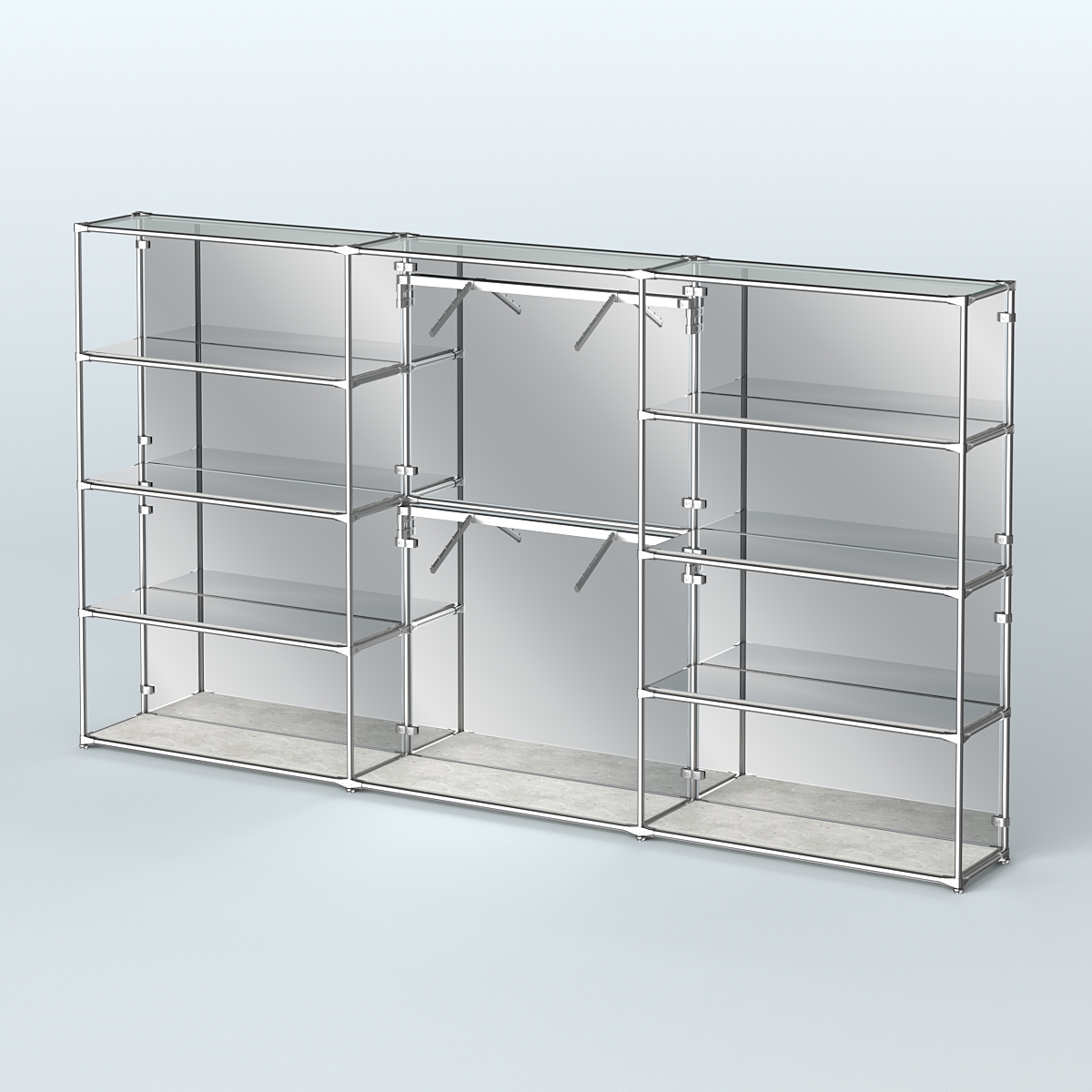 Торговая система ХРОМ (задняя стенка - зеркало) 3600 мм с зеркальными полками и поручнями №6 Метрополитан Грей