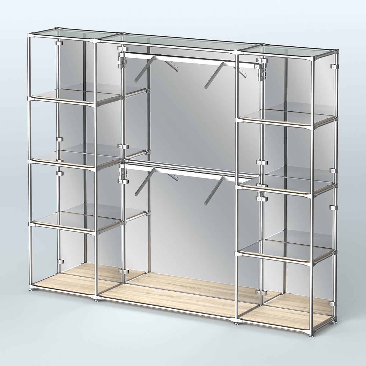 Торговая система ХРОМ (задняя стенка - зеркало) 3600 мм с зеркальными полками и поручнями №7 Дуб Сонома