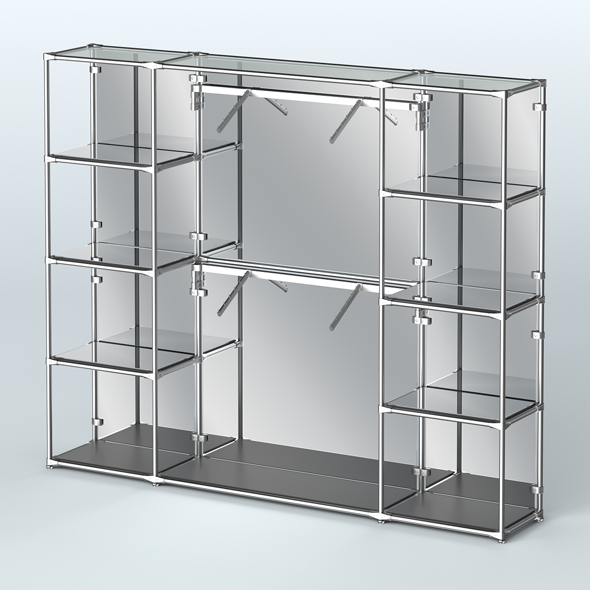 Торговая система ХРОМ (задняя стенка - зеркало) 3600 мм с зеркальными полками и поручнями №7 Черный