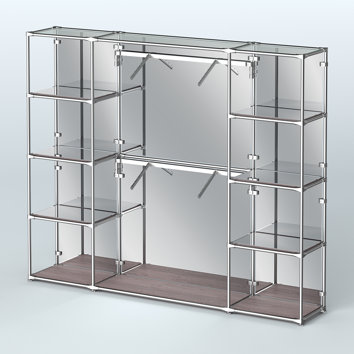 Торговая система ХРОМ (задняя стенка - зеркало) 3600 мм с зеркальными полками и поручнями №7 Ясень Анкор темный