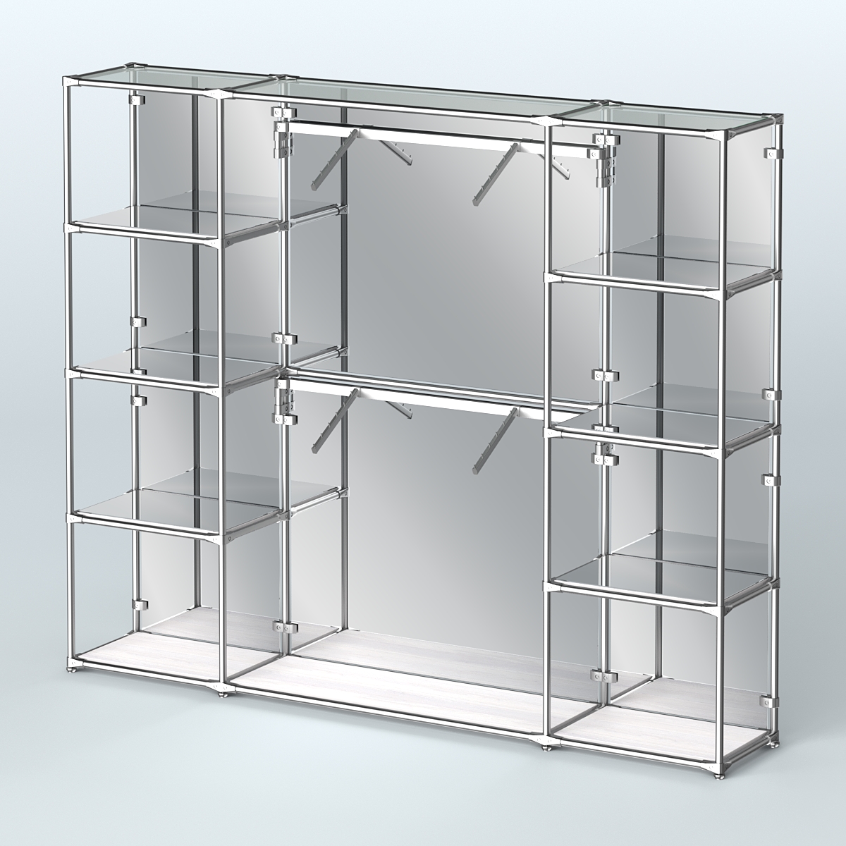 Торговая система ХРОМ (задняя стенка - зеркало) 3600 мм с зеркальными полками и поручнями №7 Ясень Анкор светлый