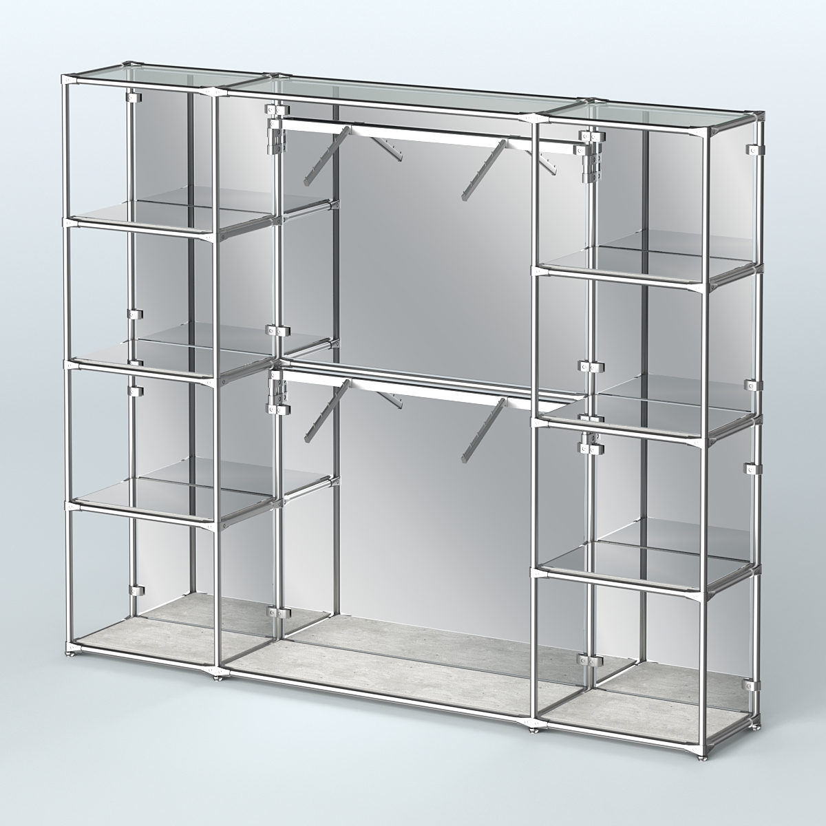 Торговая система ХРОМ (задняя стенка - зеркало) 3600 мм с зеркальными полками и поручнями №7 Метрополитан Грей