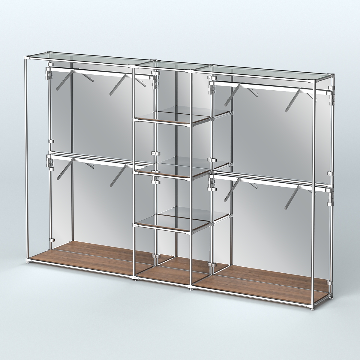 Торговая система ХРОМ (задняя стенка - зеркало) 3600 мм с зеркальными полками и поручнями №8 Орех