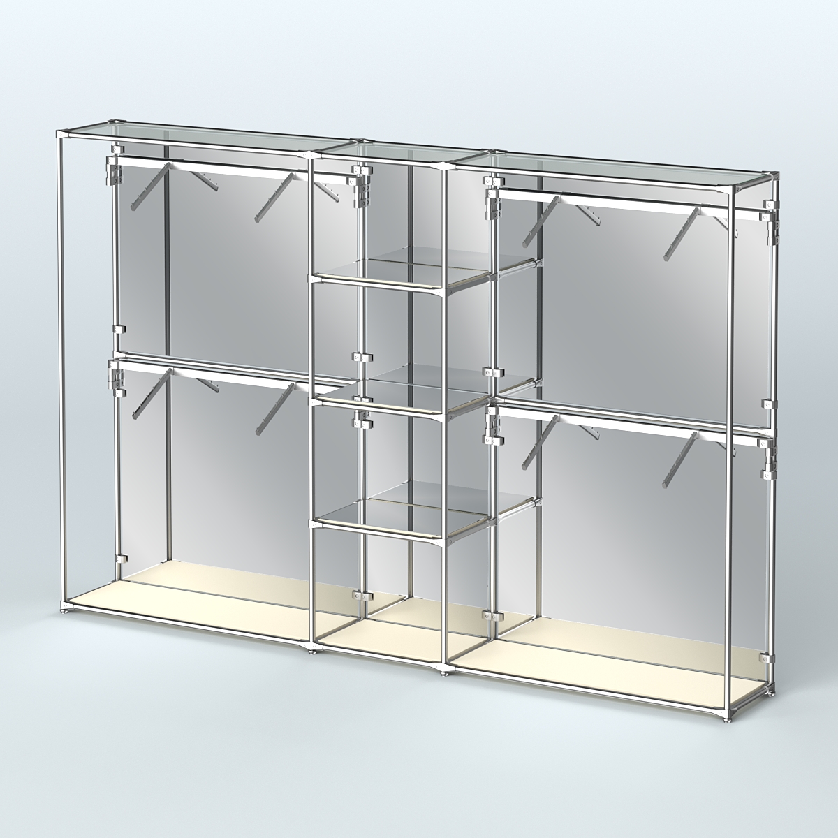 Торговая система ХРОМ (задняя стенка - зеркало) 3600 мм с зеркальными полками и поручнями №8 Крем Вайс