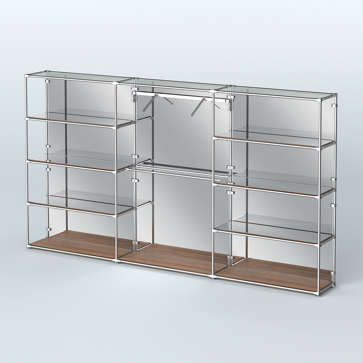 Торговая система ХРОМ (задняя стенка - зеркало) 3600 мм с зеркальными полками и поручнями №9 Орех