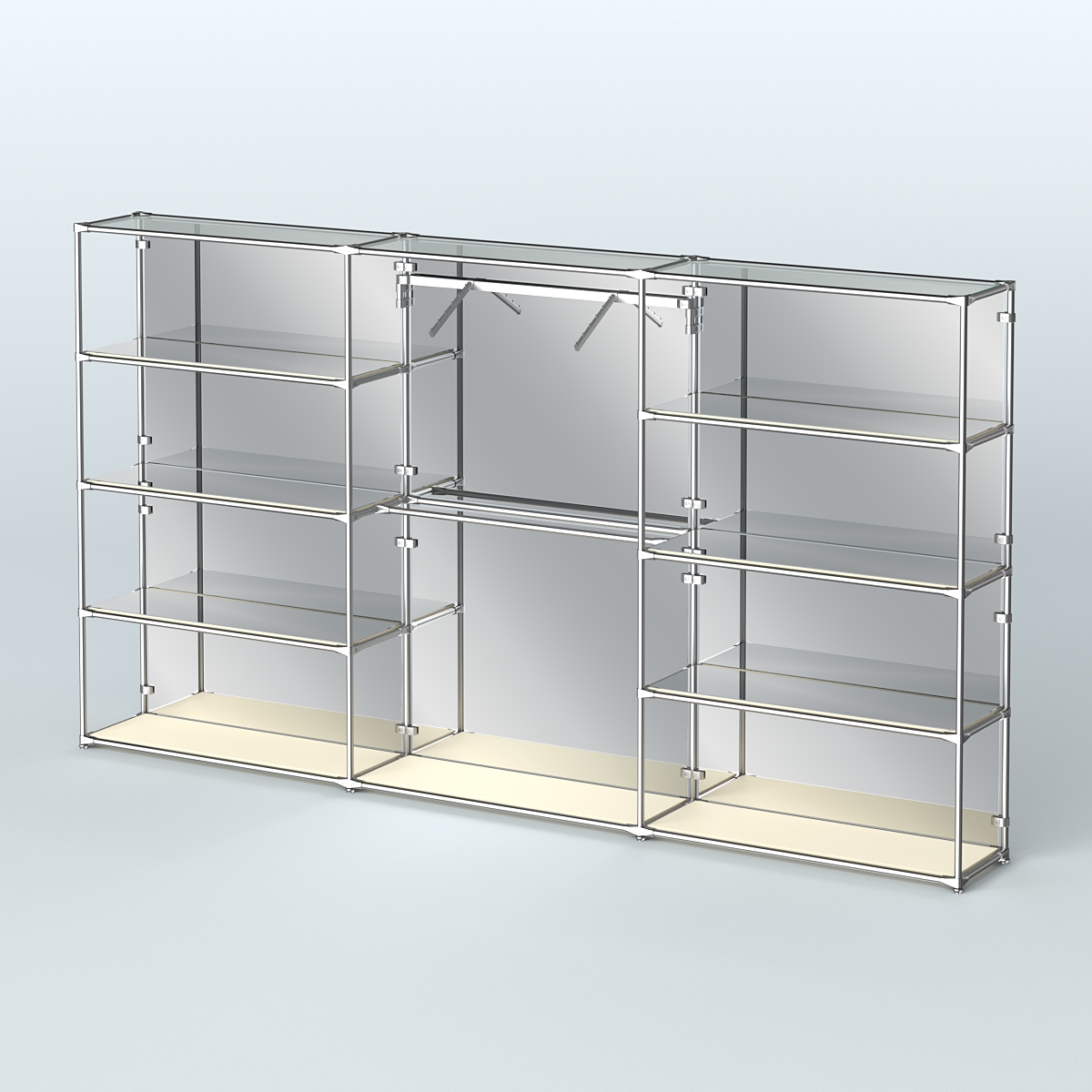 Торговая система ХРОМ (задняя стенка - зеркало) 3600 мм с зеркальными полками и поручнями №9 Крем Вайс