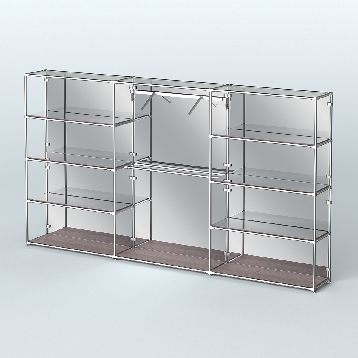 Торговая система ХРОМ (задняя стенка - зеркало) 3600 мм с зеркальными полками и поручнями №9 Ясень Анкор темный