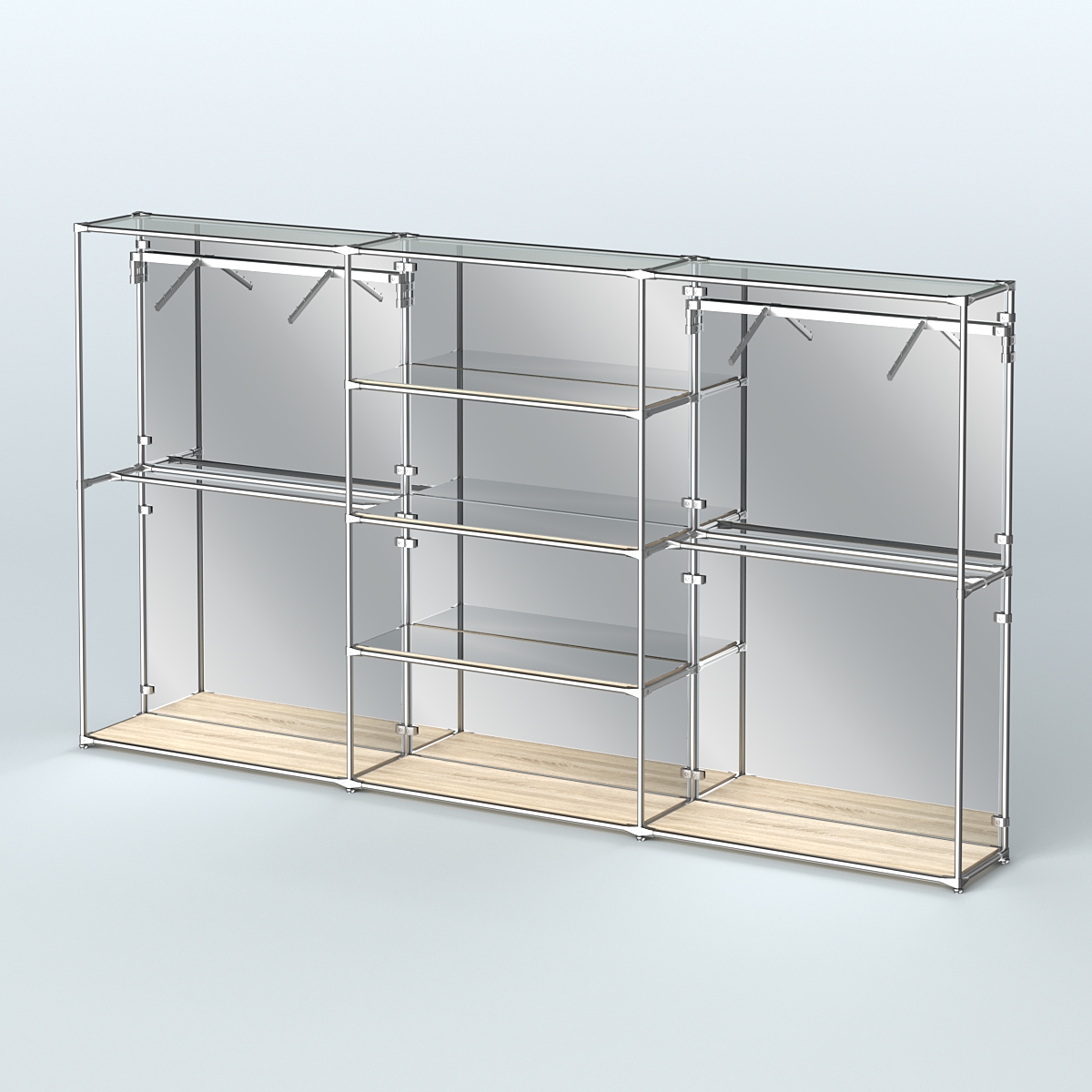 Торговая система ХРОМ (задняя стенка - зеркало) 3600 мм с зеркальными полками и поручнями №10 Дуб Сонома