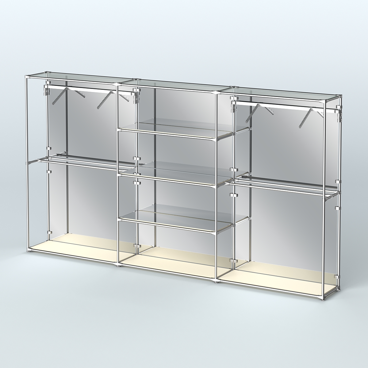 Торговая система ХРОМ (задняя стенка - зеркало) 3600 мм с зеркальными полками и поручнями №10 Крем Вайс