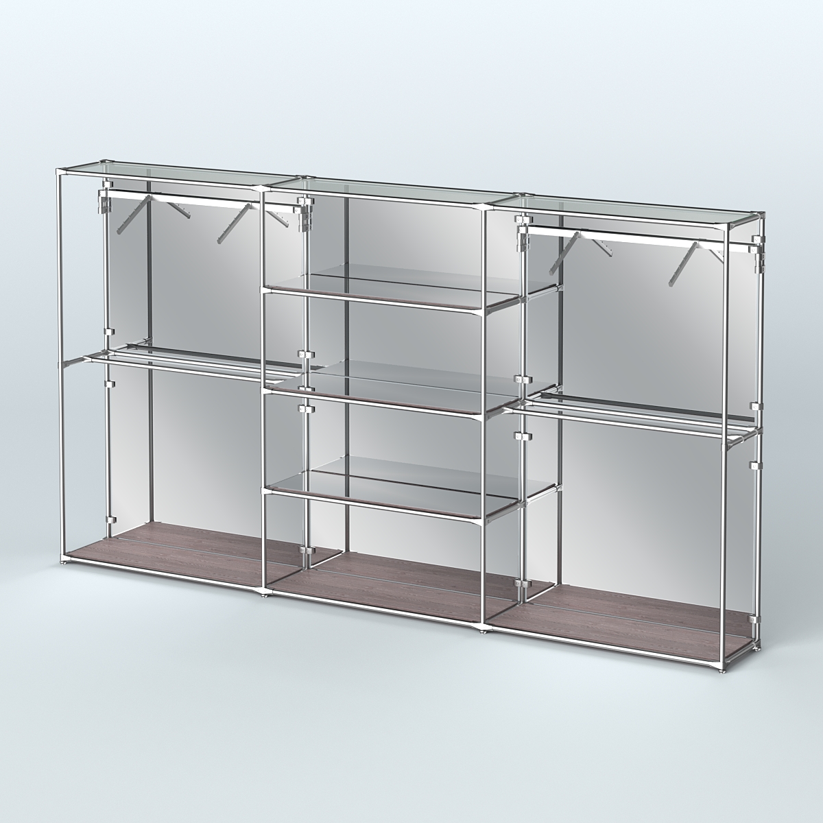 Торговая система ХРОМ (задняя стенка - зеркало) 3600 мм с зеркальными полками и поручнями №10 Ясень Анкор темный