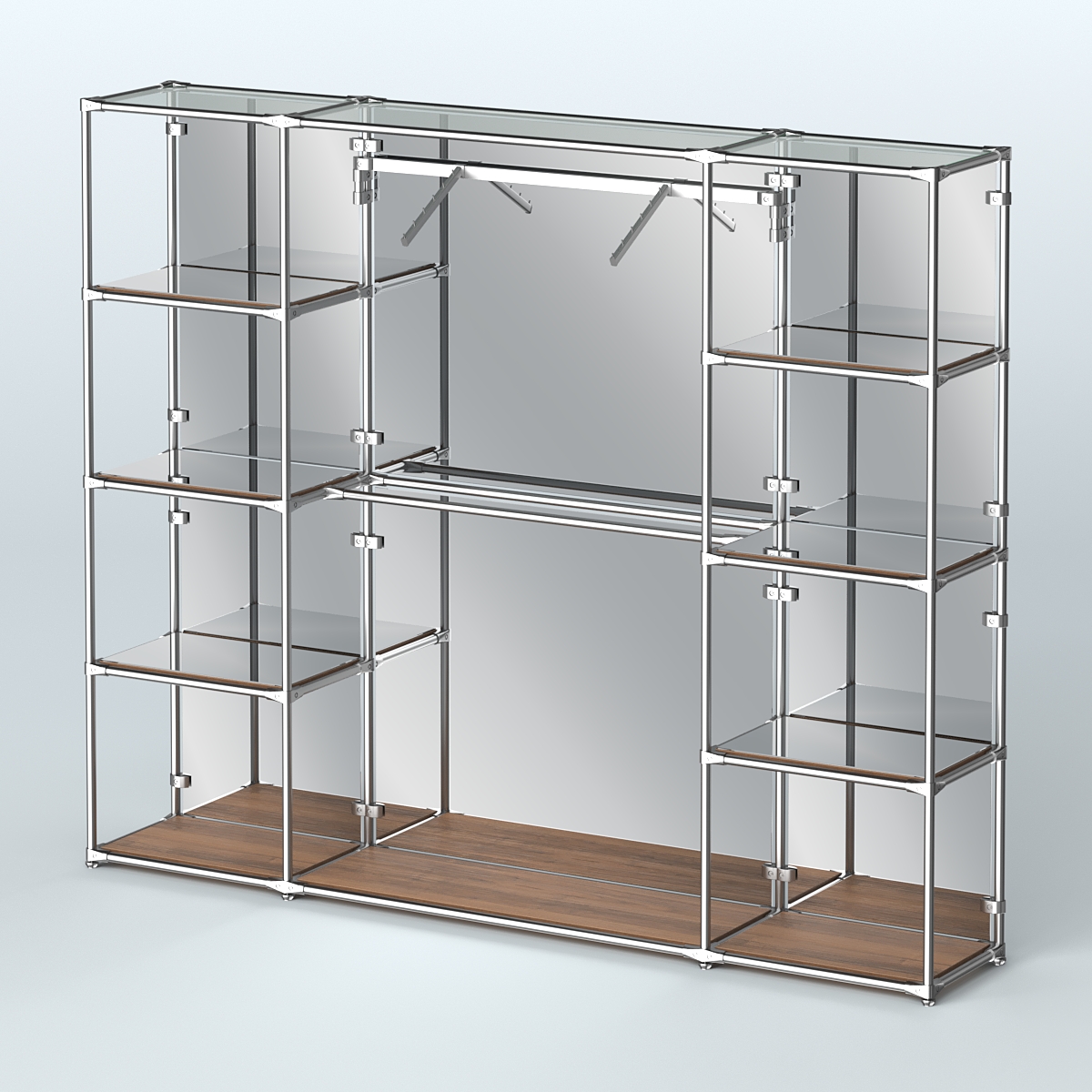 Торговая система ХРОМ (задняя стенка - зеркало) 3600 мм с зеркальными полками и поручнями №11 Орех