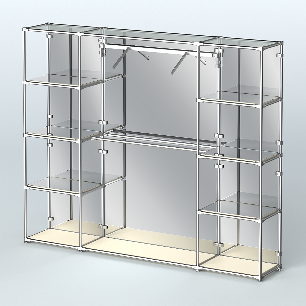 Торговая система ХРОМ (задняя стенка - зеркало) 3600 мм с зеркальными полками и поручнями №11 Крем Вайс