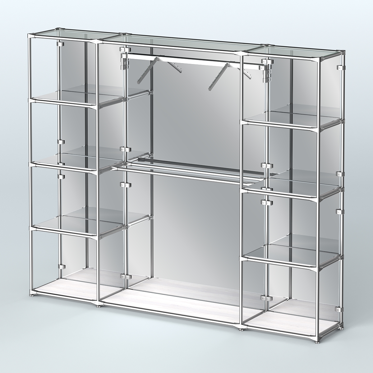 Торговая система ХРОМ (задняя стенка - зеркало) 3600 мм с зеркальными полками и поручнями №11 Ясень Анкор светлый
