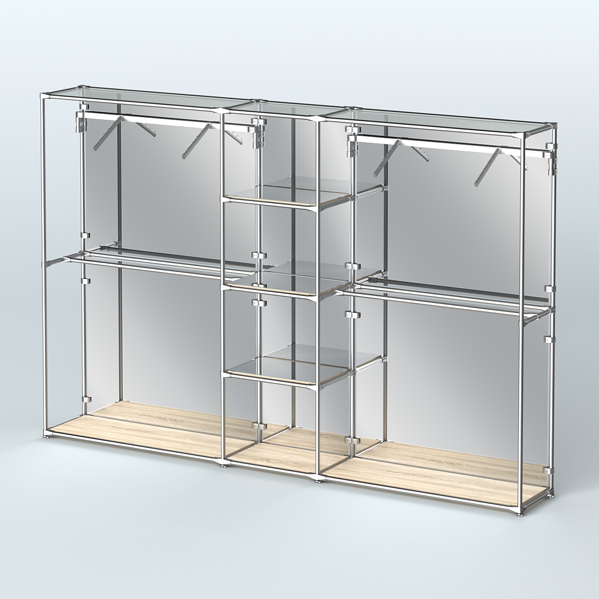 Торговая система ХРОМ (задняя стенка - зеркало) 3600 мм с зеркальными полками и поручнями №12 Дуб Сонома