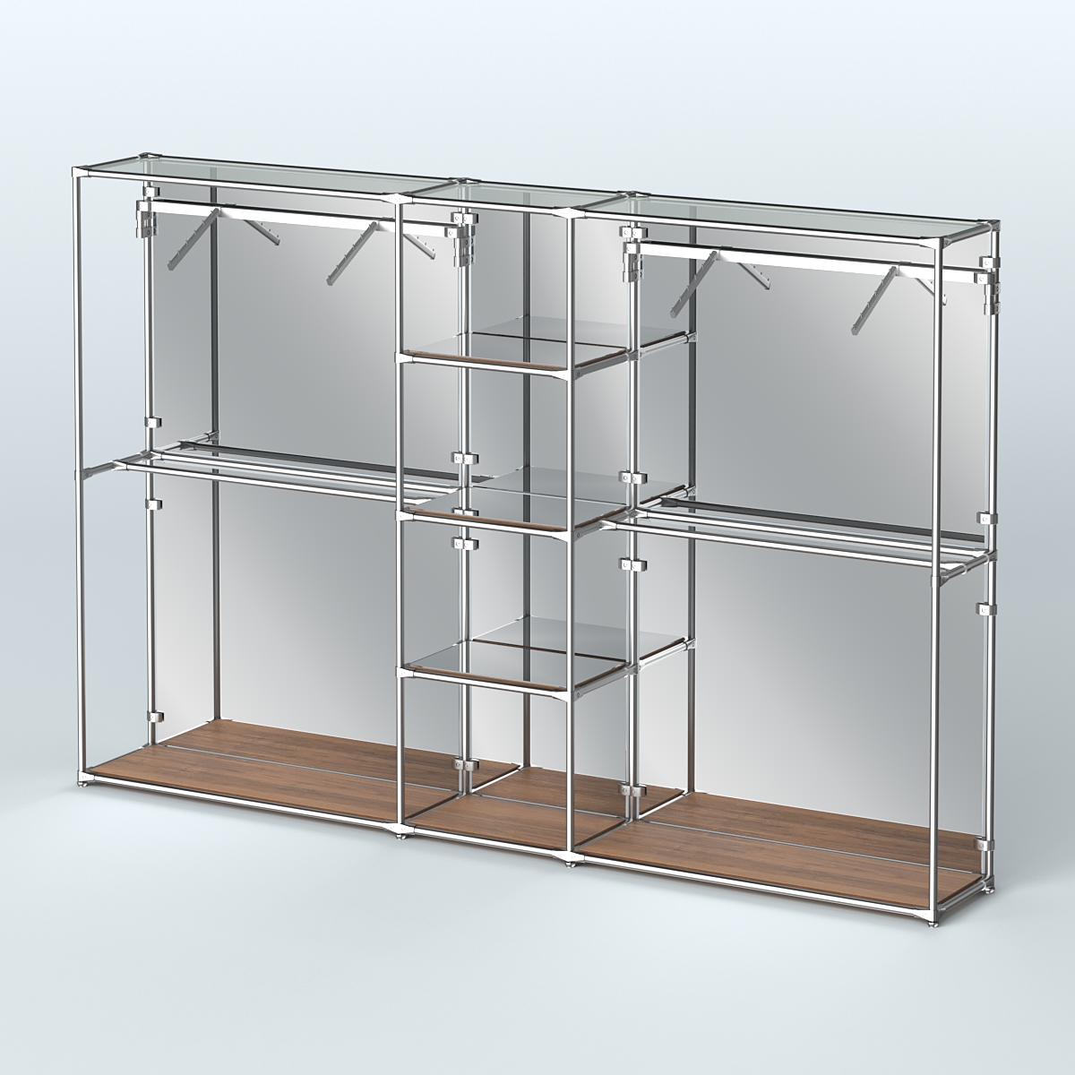 Торговая система ХРОМ (задняя стенка - зеркало) 3600 мм с зеркальными полками и поручнями №12 Орех