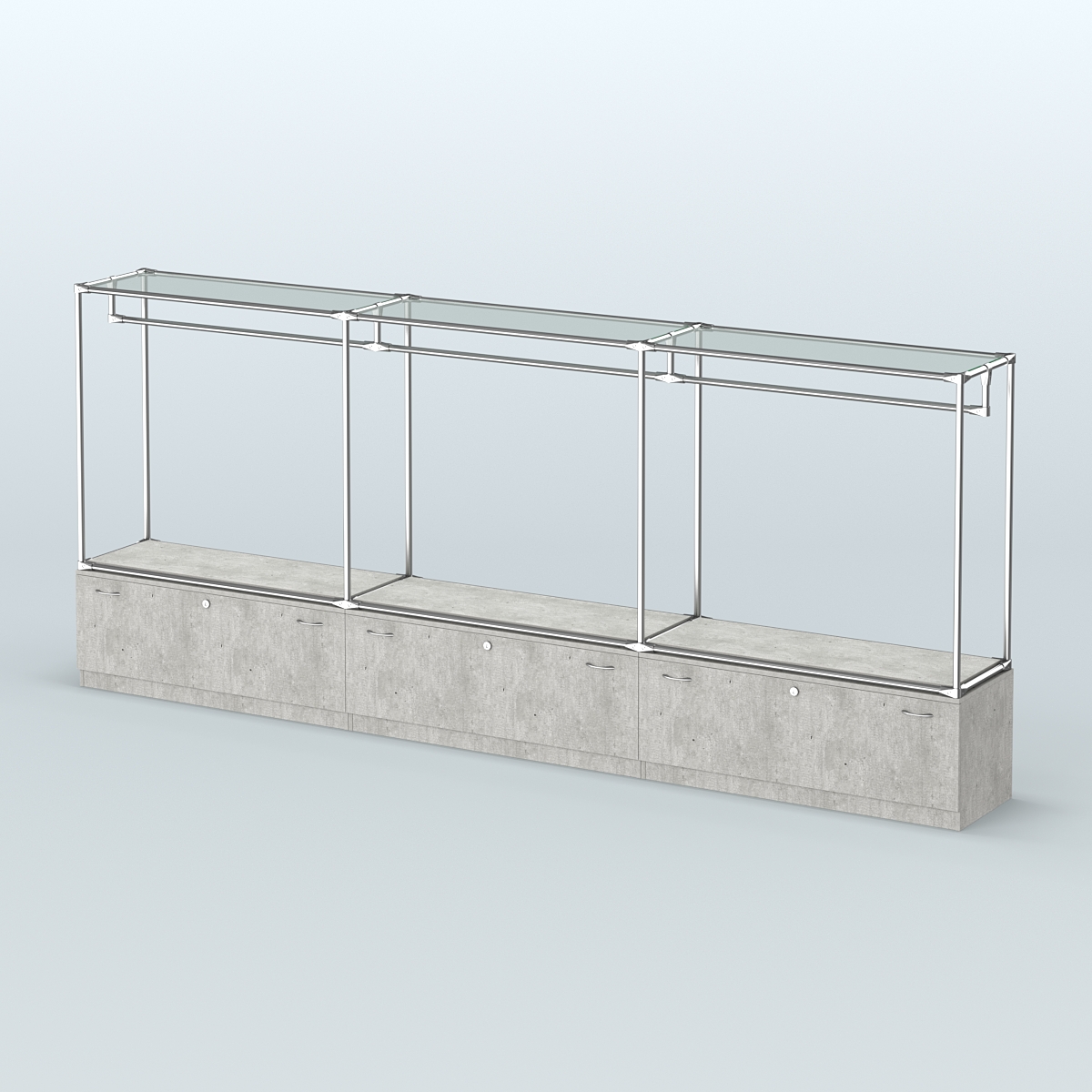 Островная торговая система ХРОМ 3600 мм с тумбами Т11 и поручнями №1 Метрополитан Грей