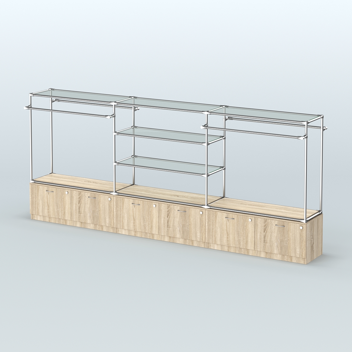 Островная торговая система ХРОМ 3600 мм с тумбами Т15 и поручнями №3 Дуб Сонома