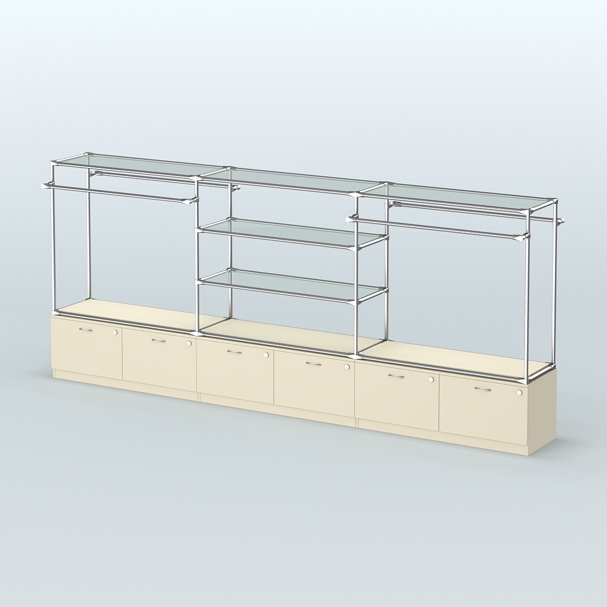 Островная торговая система ХРОМ 3600 мм с тумбами Т15 и поручнями №3 Крем Вайс