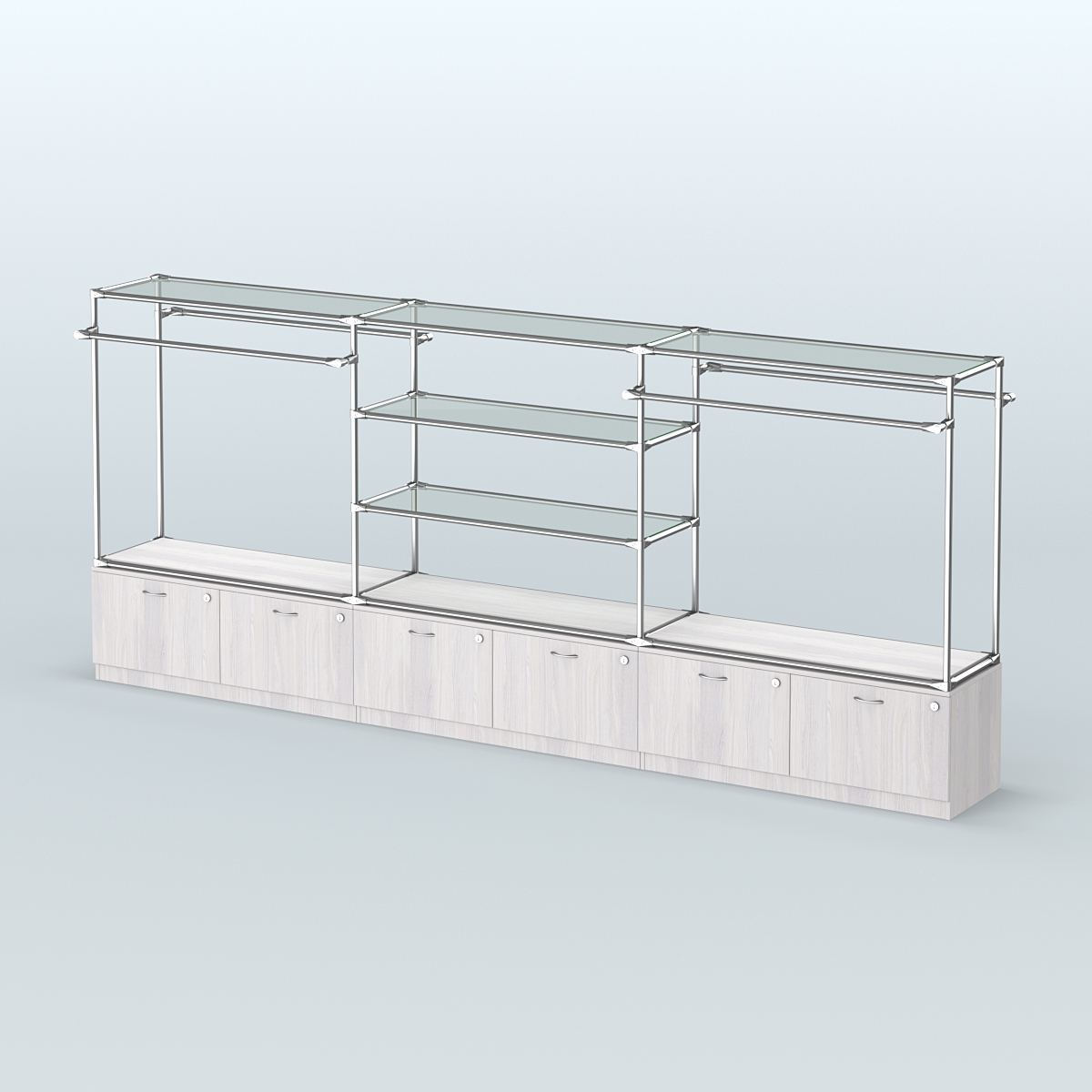 Островная торговая система ХРОМ 3600 мм с тумбами Т15 и поручнями №3 Ясень Анкор светлый