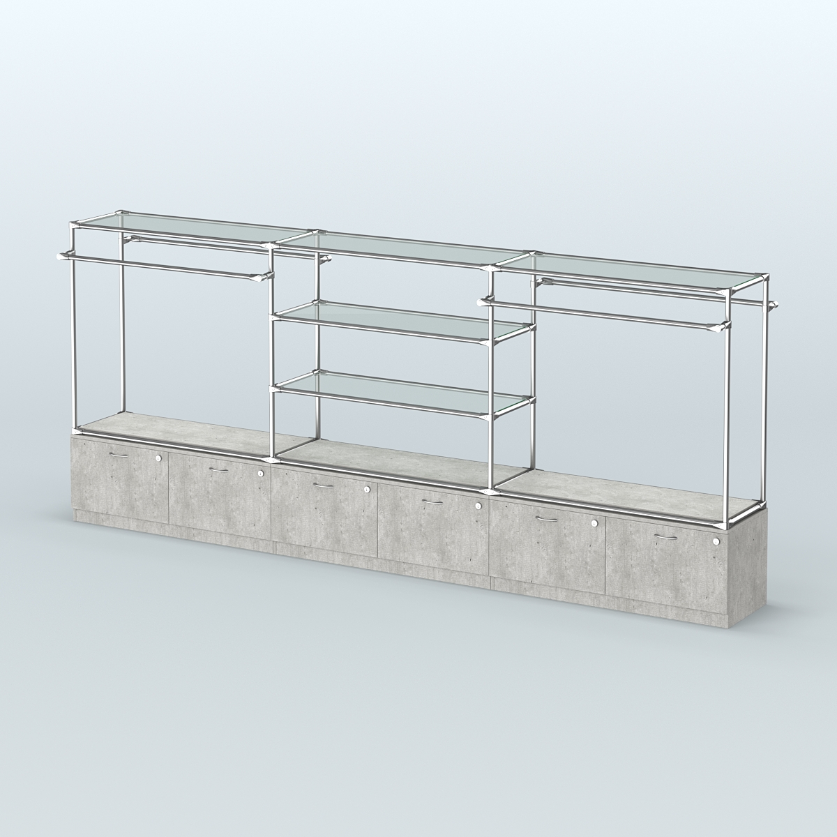 Островная торговая система ХРОМ 3600 мм с тумбами Т15 и поручнями №3 Метрополитан Грей