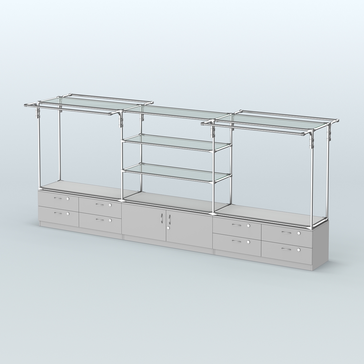 Островная торговая система ХРОМ 3600 мм с тумбами Т14, Т21 и поручнями №4 Серый