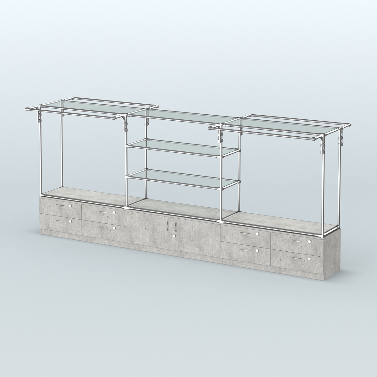 Островная торговая система ХРОМ 3600 мм с тумбами Т14, Т21 и поручнями №4 Метрополитан Грей