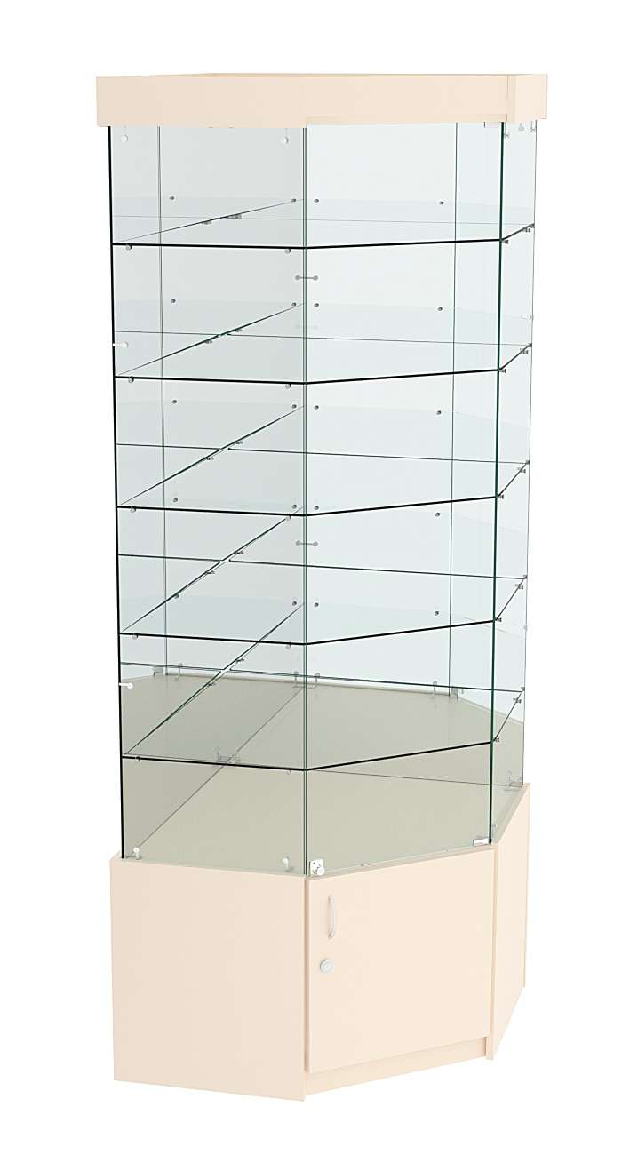 Витрина "Истра" угловая №914, пятигранная (задние стенки - зеркало) Крем Вайс