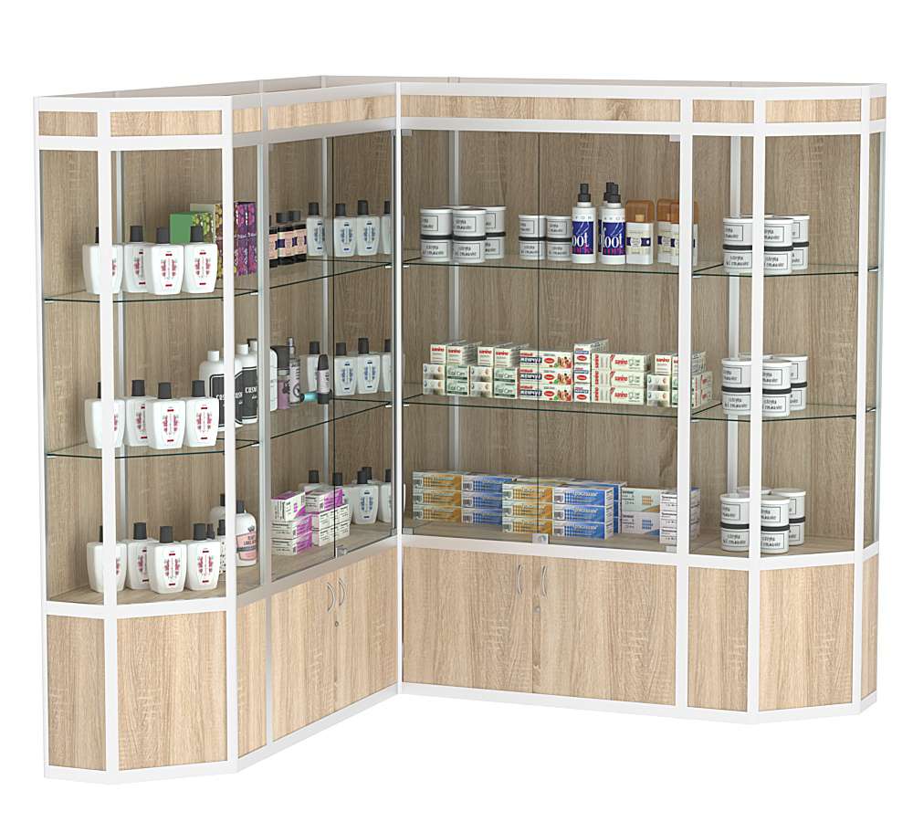 Витрина из профиля в угол зала со скошенными углами №1 (задняя стенка - ДВП) Дуб сонома