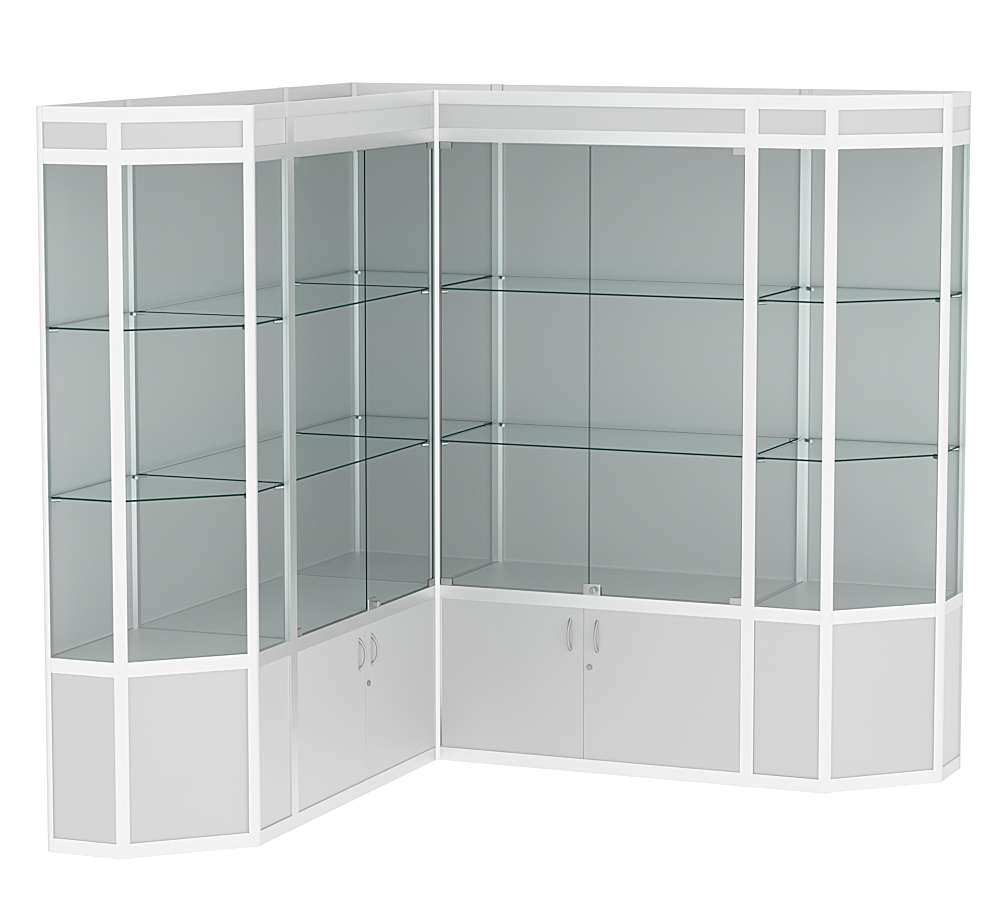 Витрина из профиля в угол зала со скошенными углами №1 (задняя стенка - ДВП) Серый