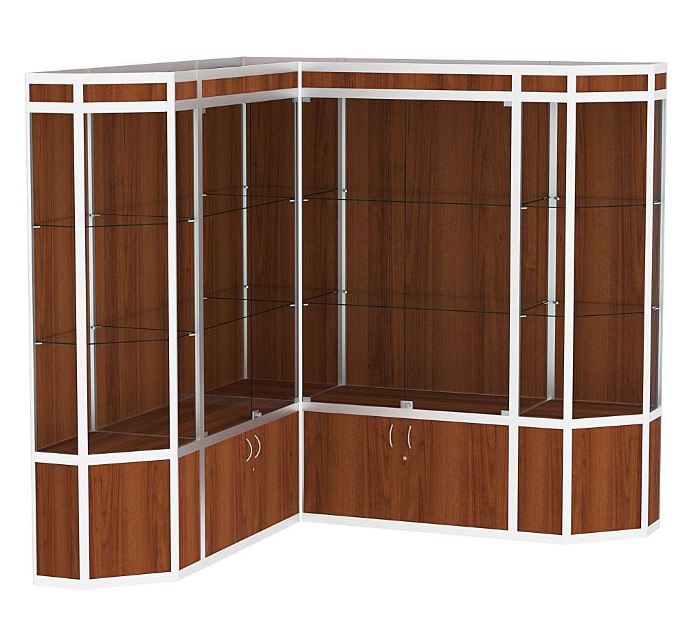 Витрина из профиля в угол зала со скошенными углами №1 (задняя стенка - ДВП) Орех