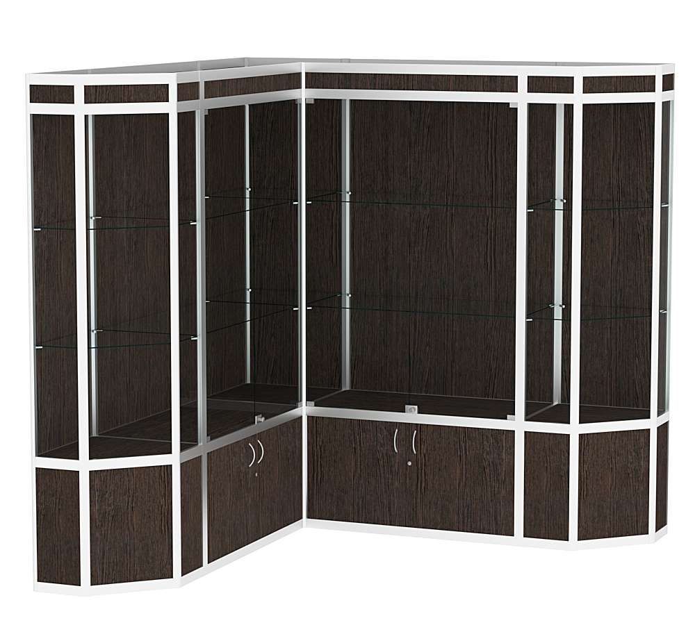 Витрина из профиля в угол зала со скошенными углами №1 (задняя стенка - ДВП) Дуб Венге