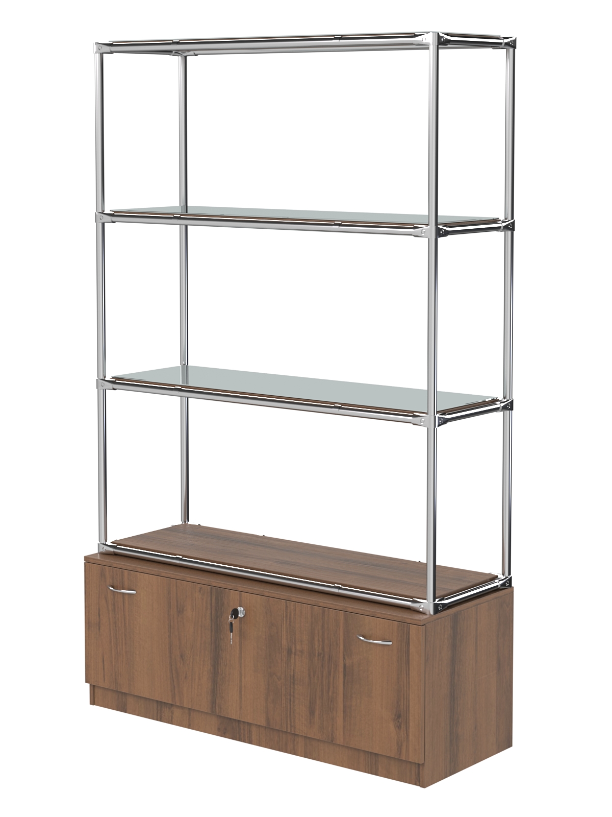 Хромированный стеллаж с зеркальными полками №3 с тумбой Т-11 Орех