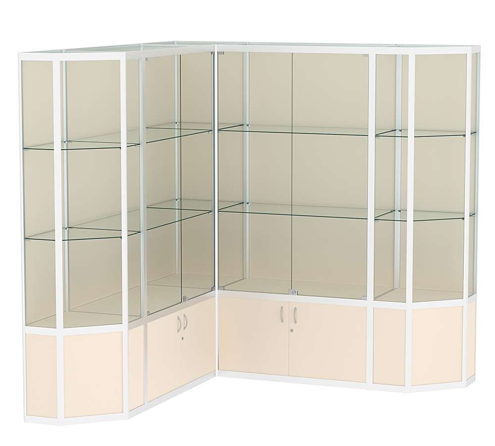 Витрина из профиля в угол зала со скошенными углами №2 (задняя стенка - ДВП) Крем Вайс