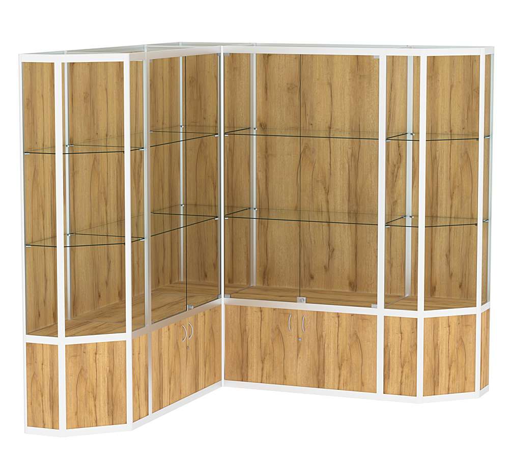 Витрина из профиля в угол зала со скошенными углами №2 (задняя стенка - ДВП) Дуб Золотистый